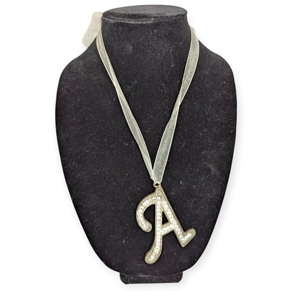 "A" Gold Tone & Clear Rhinestone Necklace with Ribbon
